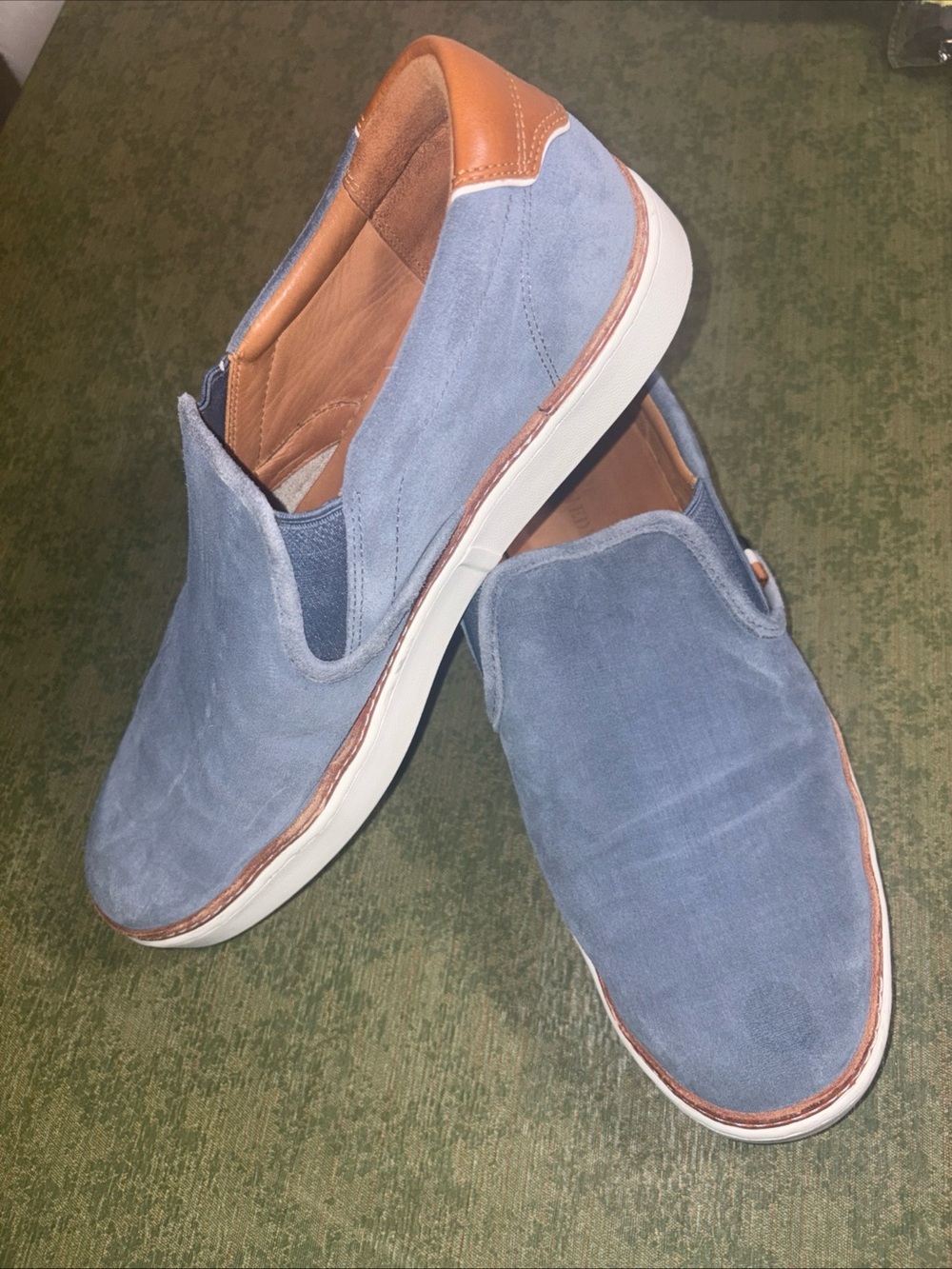 Allen Edmonds Light Blue Suede Slip-On Loafers with Tan Leather Trim